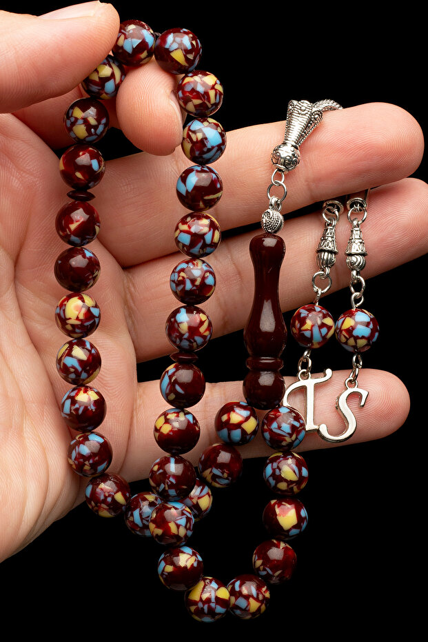 Men's Globe Cut Letter Tassel Mosaic Powder Amber Prayer Beads
