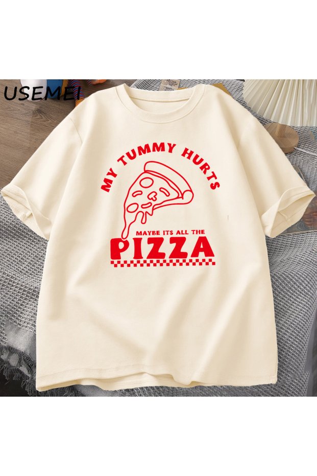 My Tummy Hurts T-Shirt Big Size Pizza Funny Cotton Short Sleeve t for Women Men Casual