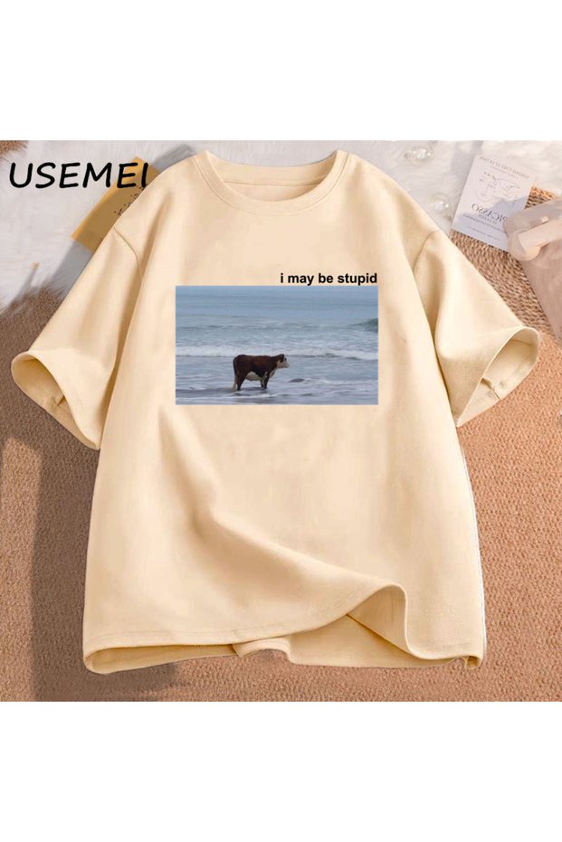 I Can Be a Cow on the Beach Funny Meme t Shirt Cotton Short Sleeve Men Fashion O-Neck