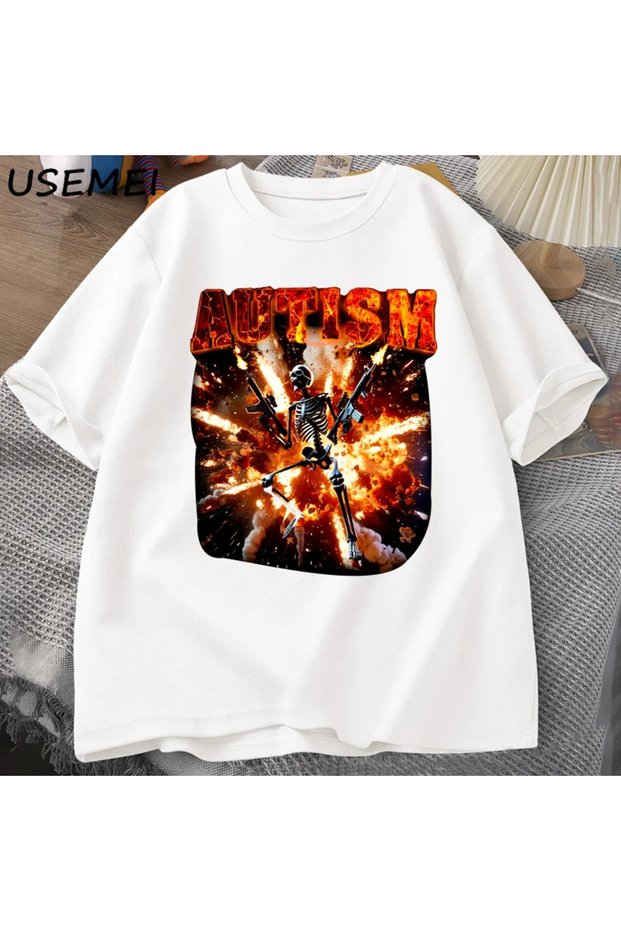 Funny Meme Tshirts Autistic Skeleton t Shirt for Women Men Autism Edgy T-Shirt Fashion Cotton Ti