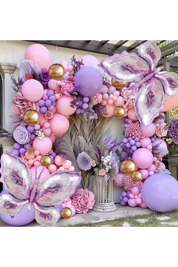 Pink Lilac Gold Chrome Balloon Chain Set 101 Pieces Including Butterfly Foil Balloon 1 Piece