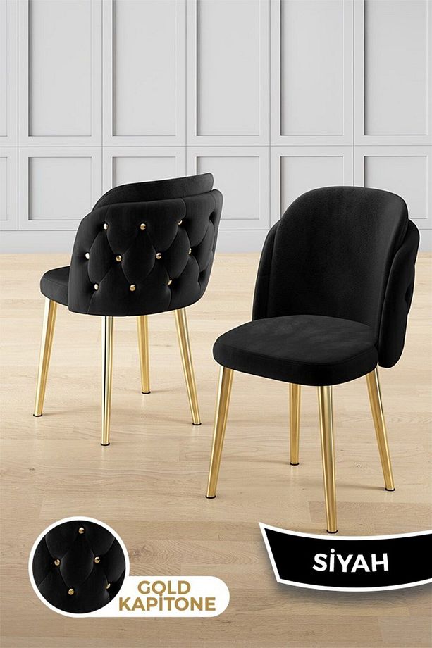 Zae Serisi 90x168 Lak Panel Siyah Mermer Desen Gold Ayak Masa Takımı 6 Siyah Sandalye - 3
