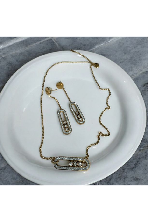 Messika Model Çelik Zirkon Taşlı Kolye Küpe Set - 2
