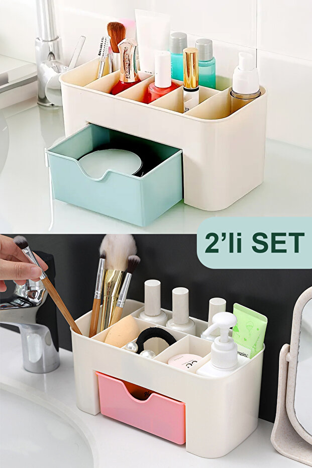2-Piece Makeup Jewelry Organizer with Green Pink Mini Drawers - 7 Compartments
