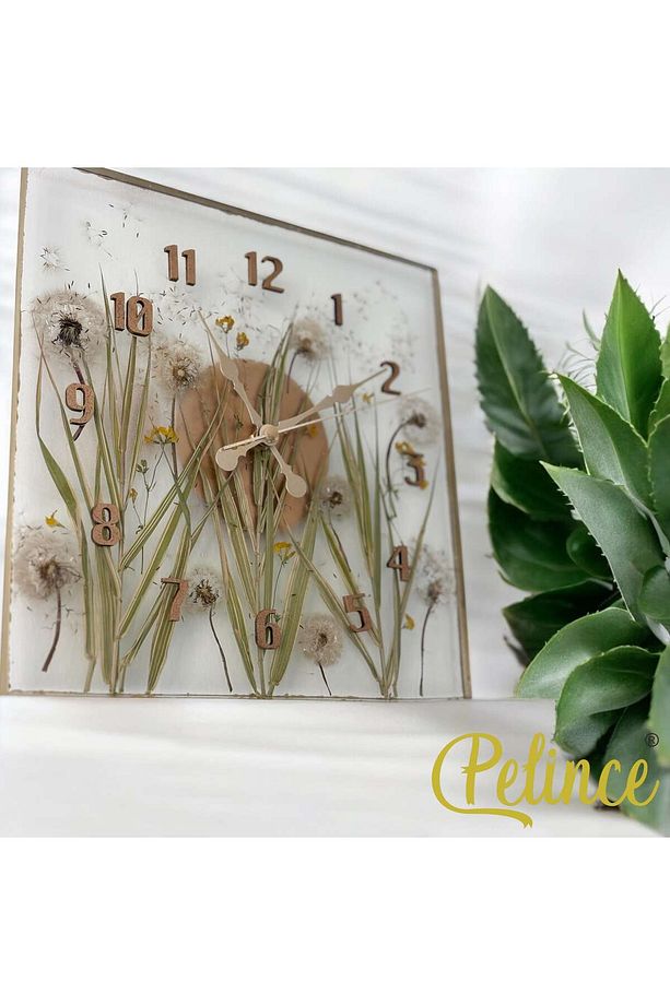 Epoksi Reçine Duvar Saati - Kare Karahindiba Çiçekli - En Boy Kare : 25 Cm - 2