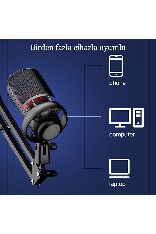 Rgb Ve Usb Podcast Gamer Youtuber Mikrofon Seti Online Ders Oyuncu Yayıncı Condenser Mikrofon Seti - 6