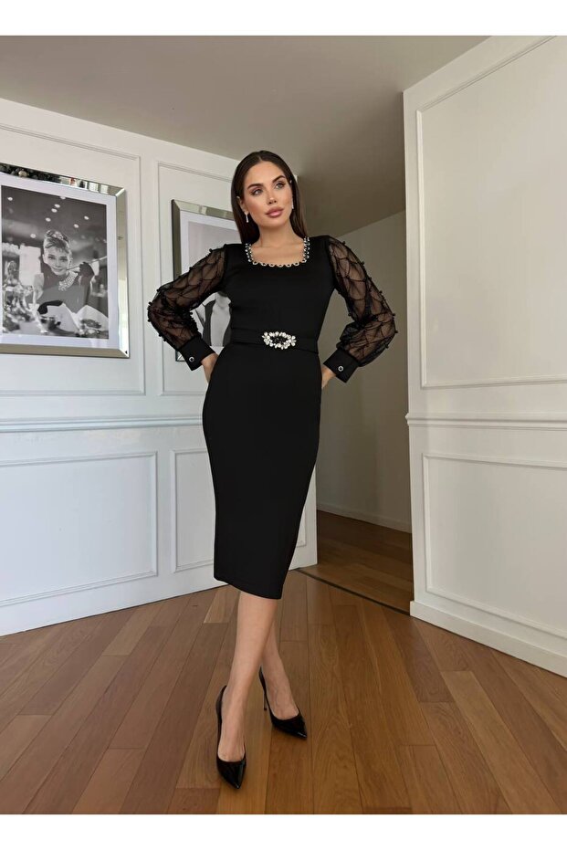 Kadın Siyah Scuba Kumaş  İnci İşlemeli Transparan Kol Detaylı Lüks Kalem Elbise - 2