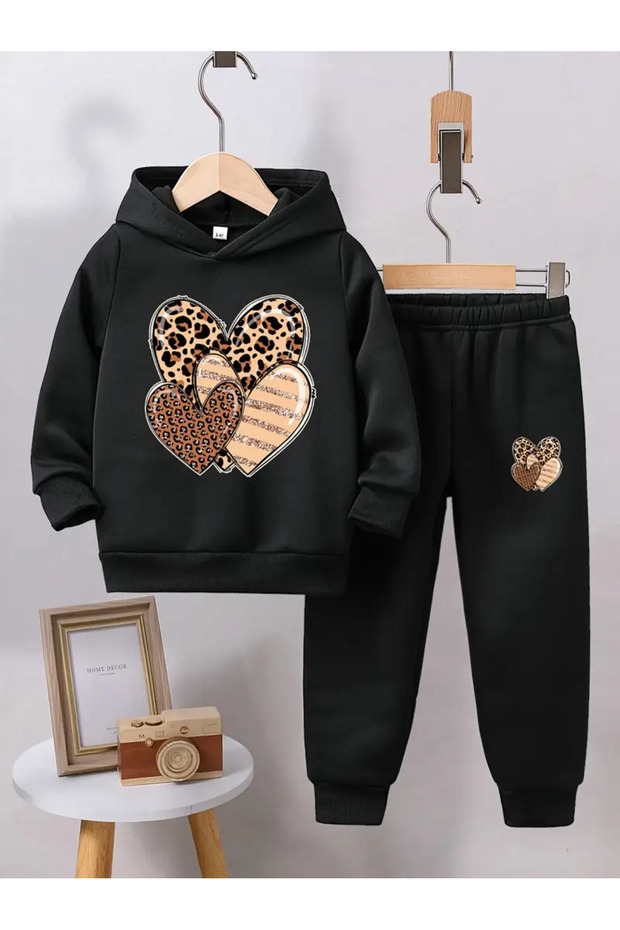 3 LEOPAR BASKILI UNİSEX KAPÜŞONLU ALT ÜST PAMUKLU ÇOCUK EŞOFMAN TAKIMI - 1