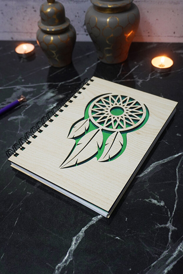 دفتر ملاحظات بغطاء خشبي منقوش من Dream Catcher - جدول أعمال - يوميات - دفتر ملاحظات غير مبطن - دفتر ملاحظات