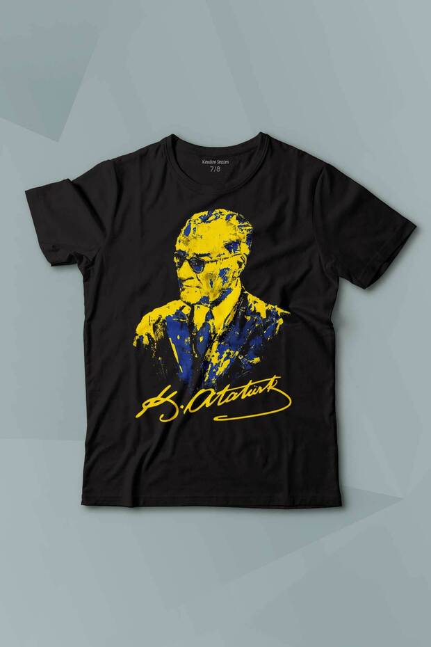 Ataturk Yellow Navy Blue Printed Children's T-Shirt Short Sleeve
