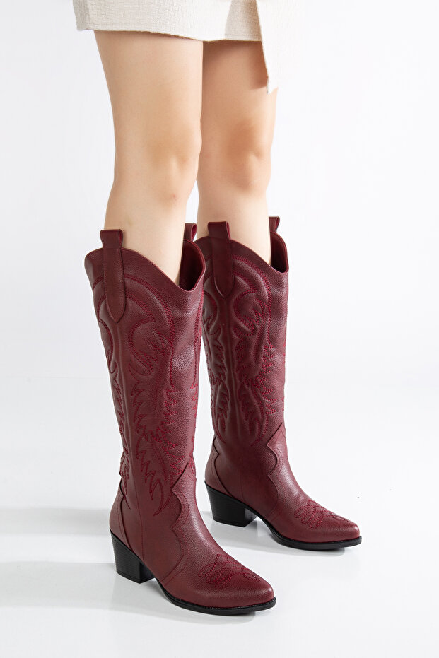 Claret Red Embroidered Matte Leather Western Cowboy Boots - Embossed Design