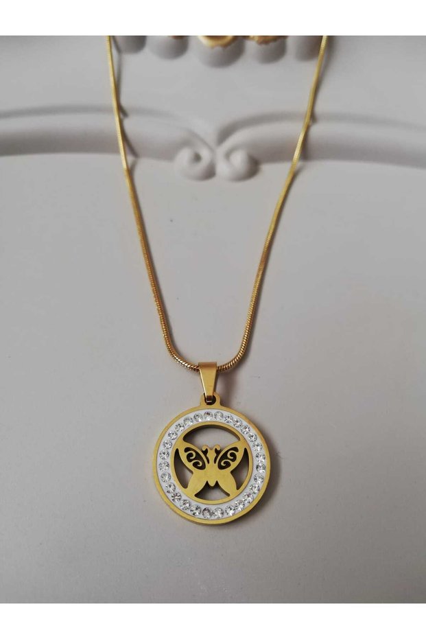 Steel Necklace with Zircon Stone and Gold Butterfly Figure