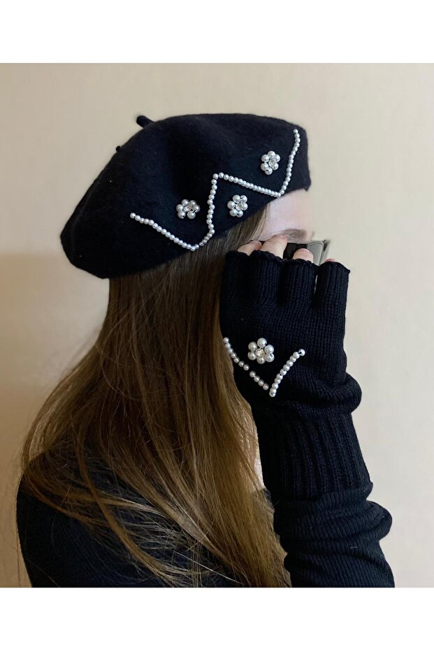 New Year Gift - Black French Painter Zircon Gloves and Beret Set