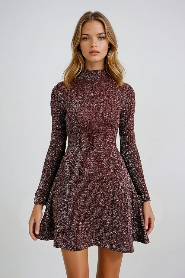 Kadın Bordo Yarım Balıkçı Yaka Simli Örme Midi Boy Kloş Elbise Prmx13317 - 2