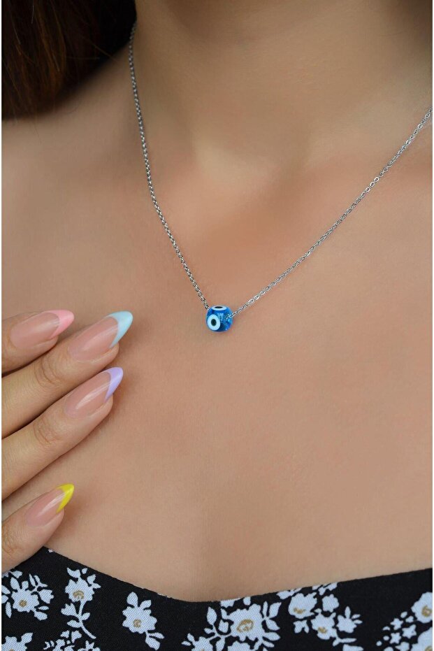 Silver Color Steel Necklace with Blue Evil Eye Beads 45 cm