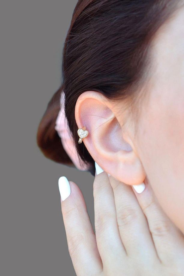 Zirkon Taşlı Kalp Helix Piercing Tragus Kıkırdak Lob Küpesi Tek Adet - 1