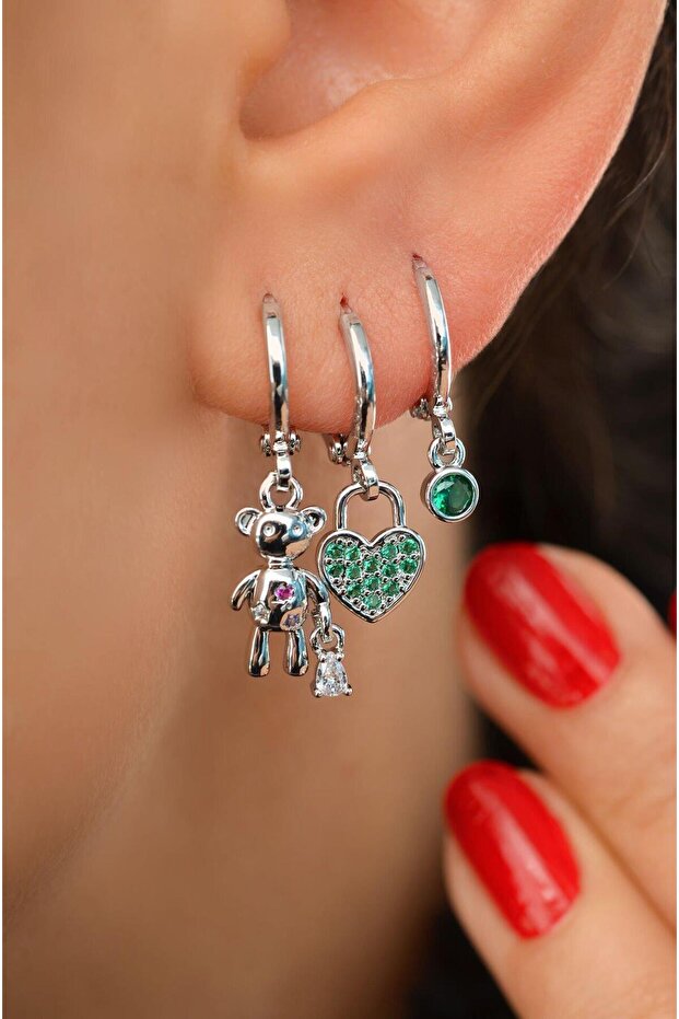 3-Piece Earring Set with Emerald Green Stone, Teddy Bear and Heart Figure, Silver Color