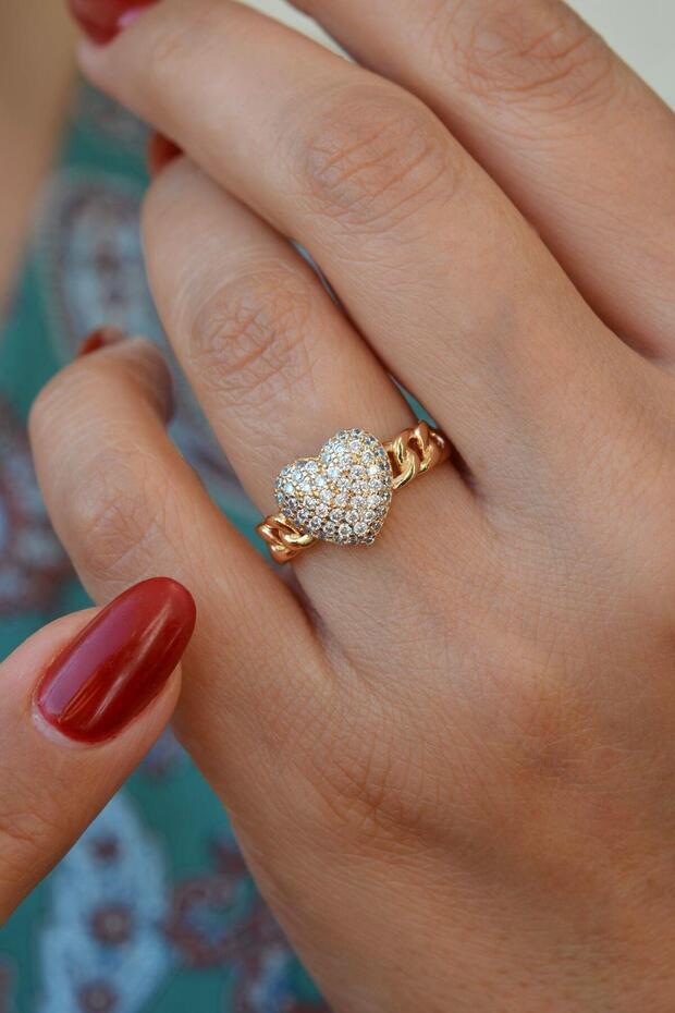Zircon Stone Heart Ring Chain Detailed Heart Model Ring Size 18