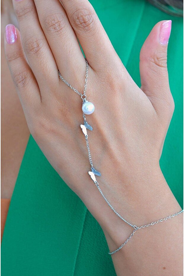 Pearl Detailed Butterfly Steel Basilisk Silver Color