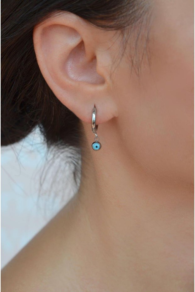 Evil Eye Beaded Steel Hoop Earring Silver Color