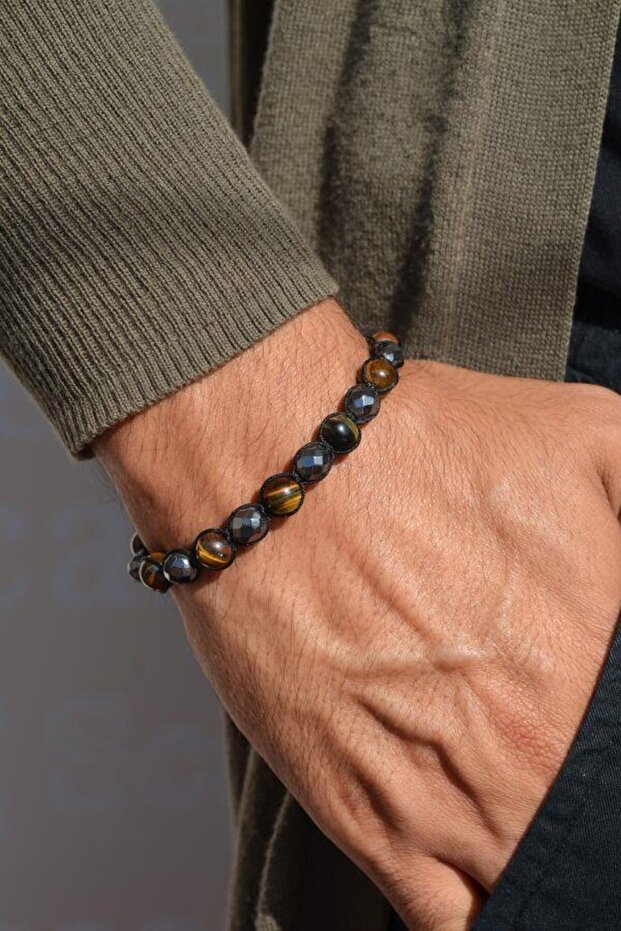 Shiny Turtle Eye and Black Knitted Men's Bracelet with Adjustable Features