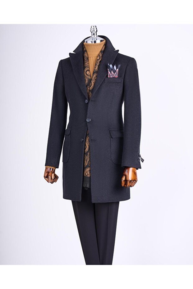 Italian Style Slim Fit Pointed Collar Wool Blend Cashmere Men's Coat Anthracite T13444