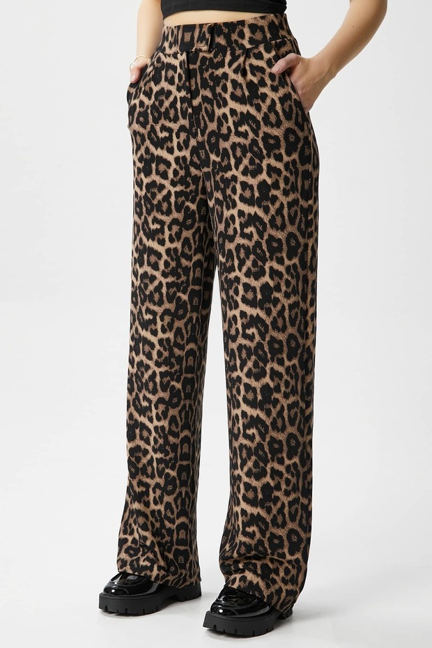 Line Women's Lycra Velcro Closure Beige Leopard Palazzo Trousers