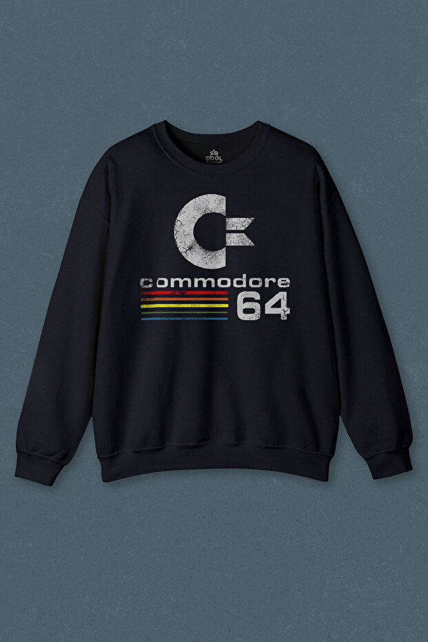 Navy Blue Sweatshirt Commodore 64 Nostalgic Old Game Computer Printed Unisex Sweat