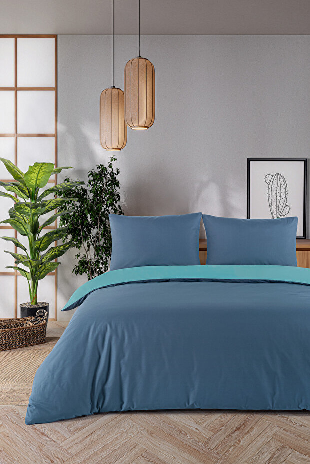 100% Cotton Akfil Double Sided Duvet Cover Set Double 200X220 cm Indigo Petrol