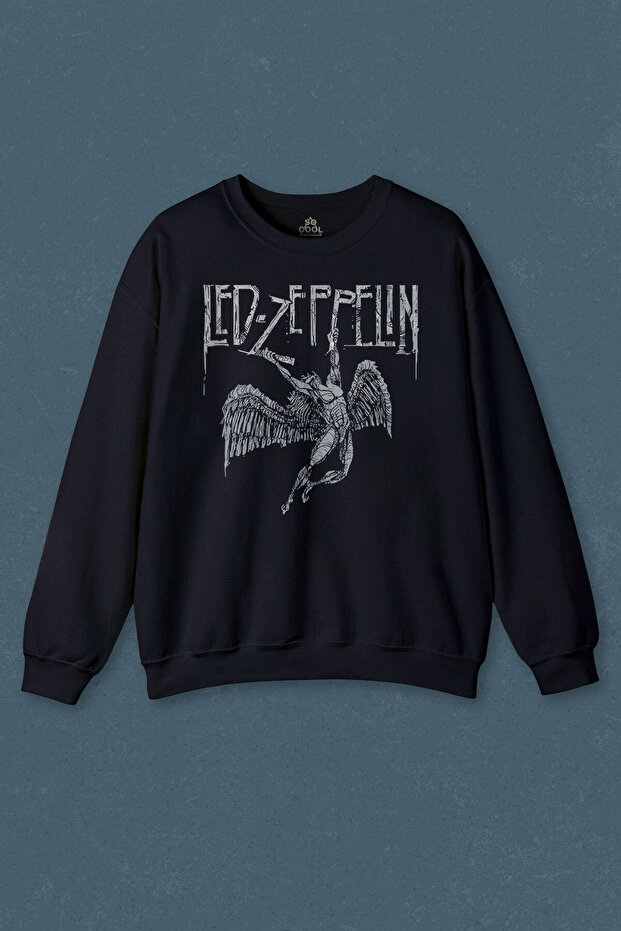 سويت شيرت أزرق داكن Led Zeppelin Falling Angel Rock Music مطبوع للجنسين