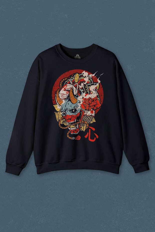 Navy Blue Sweatshirt Annya Mask Oni Japanese Demon Mask Japanese Printed Unisex Sweat