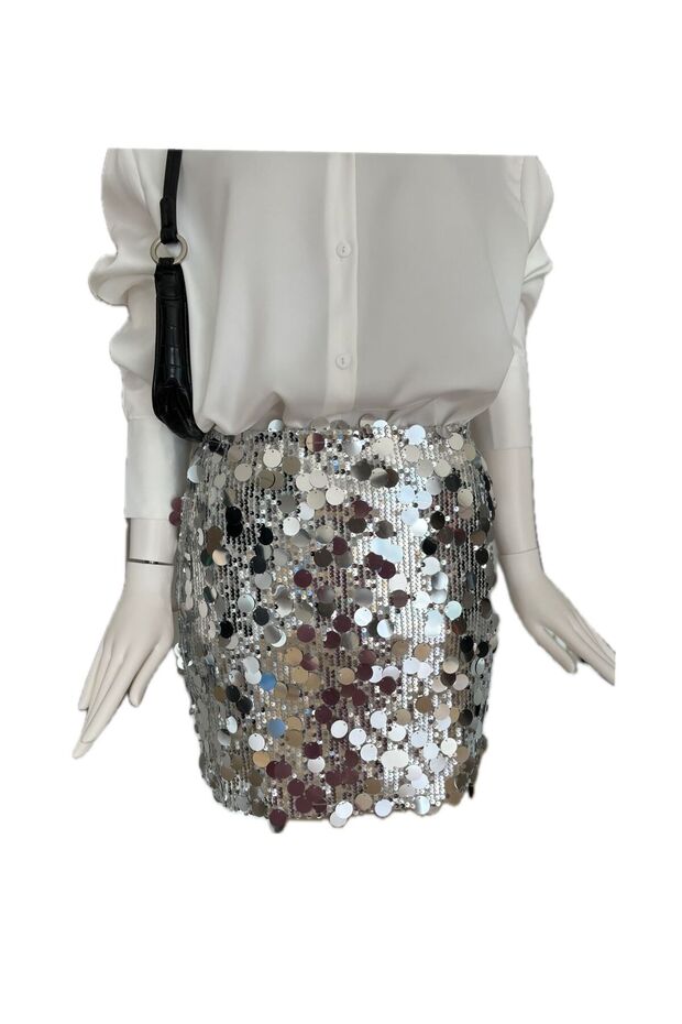 Gümüş Pullu Mini Etek - 1