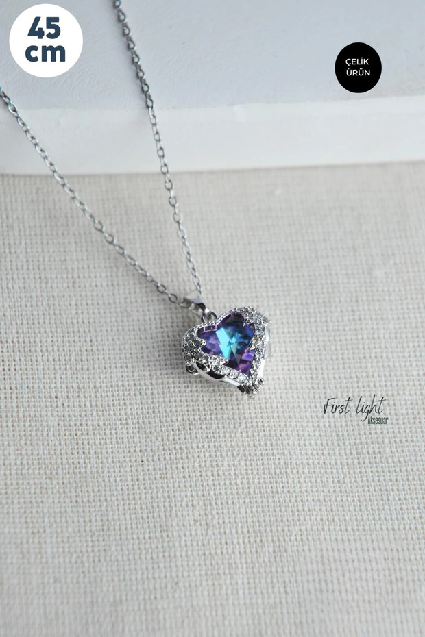 Silver Zircon Stone Detail Large Blue Purple Heart Steel Necklace 45 cm