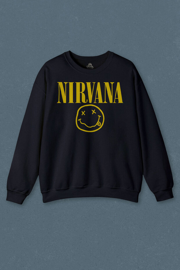 سويت شيرت أزرق داكن Nirvana Hanson Music Group Logo Nirvana Music Grou مطبوع للجنسين