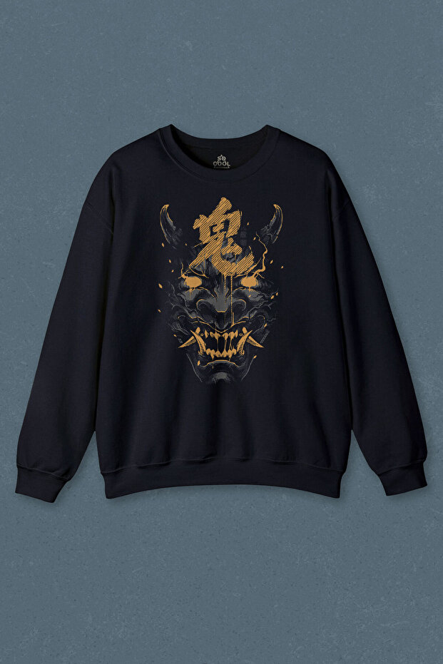 Navy Blue Sweatshirt Mask Hannya Demon Mask Japanese Japanese Printed Unisex Sweat