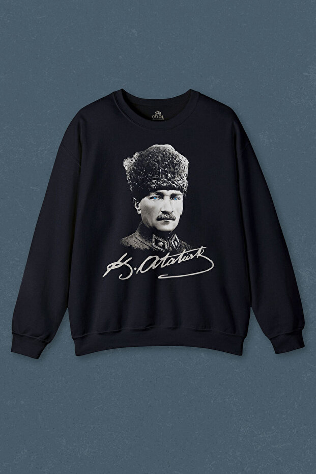 Navy Blue Sweatshirt Ataturk Gazi Mustafa Kemal Hearted Printed Unisex Sweat