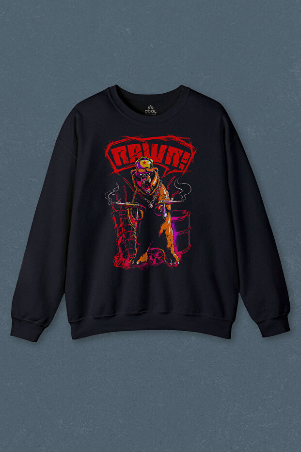 Navy Blue Sweatshirt Rawr Bear Neo Red Bear Socialist Animal Printed Unisex Sweat