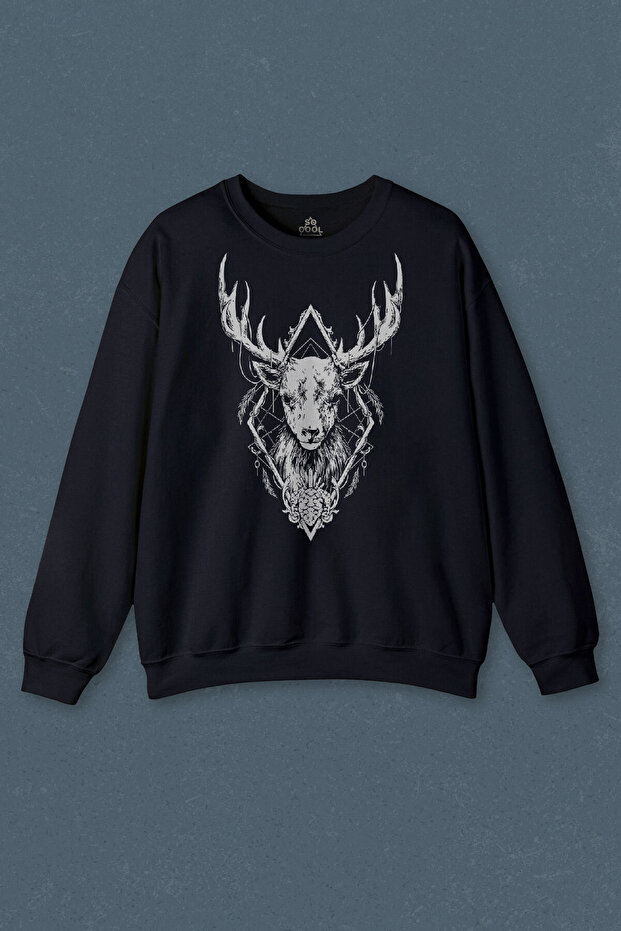 Navy Blue Sweatshirt Deer Animal Street Culture Printed Unisex Sweat