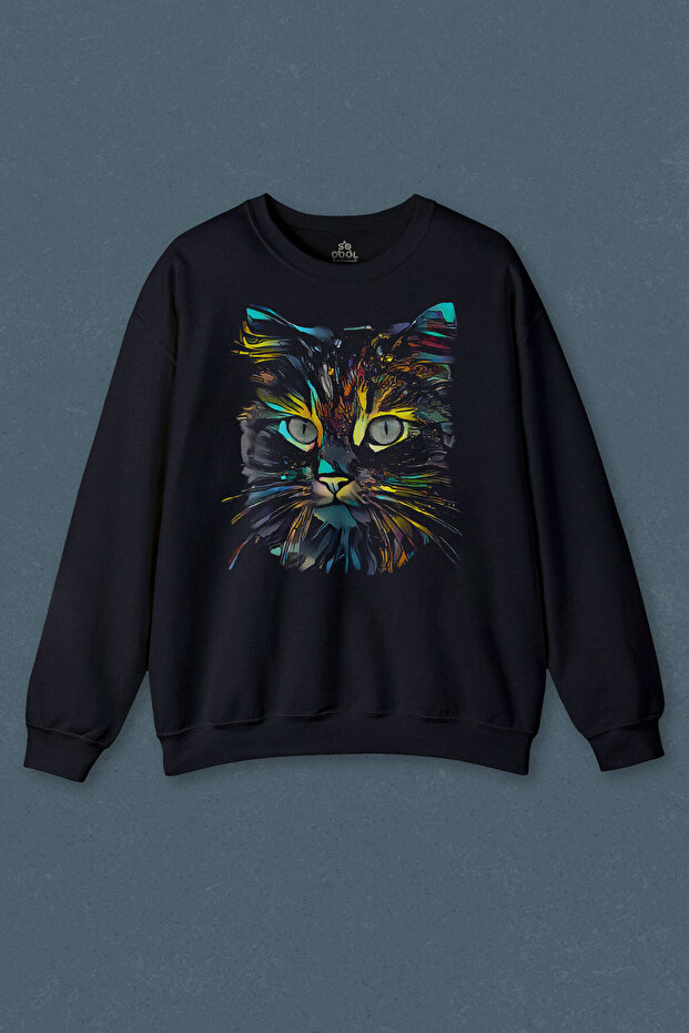Navy Blue Sweatshirt Colorful Cute Cat Colorful Minnoş Cat Printed Unisex Sweat