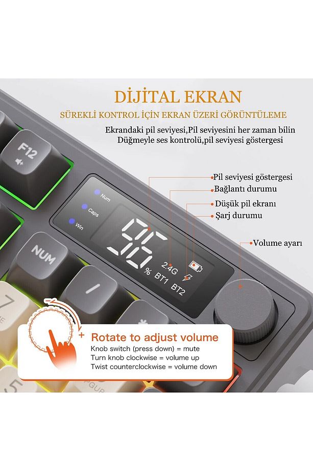 2.4G Bluetooth Çift Bağlantı Manyetik Klavye LED Ekran Gaming Oyuncu Klavye - 3