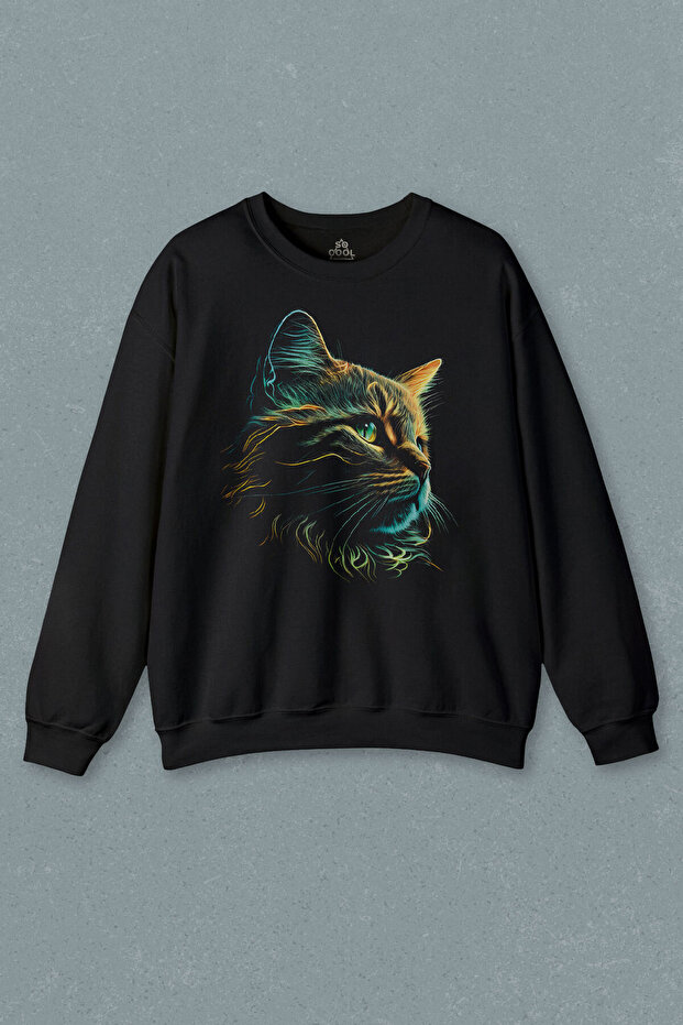 Whiskered Cat Minimal Drawing 3D Effect Realistic Black Printed Sweatshirt