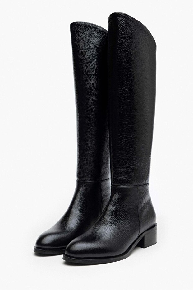Fekete Ruby valódi bőr - tompa orrú női sarkú csizma - 4