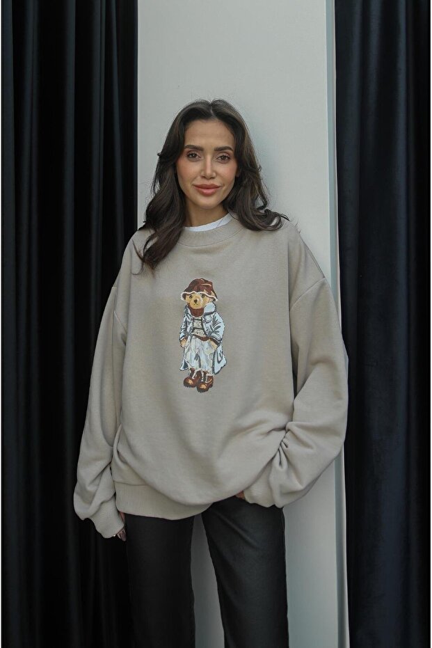 Beige Coat Teddy Printed Sweatshirt