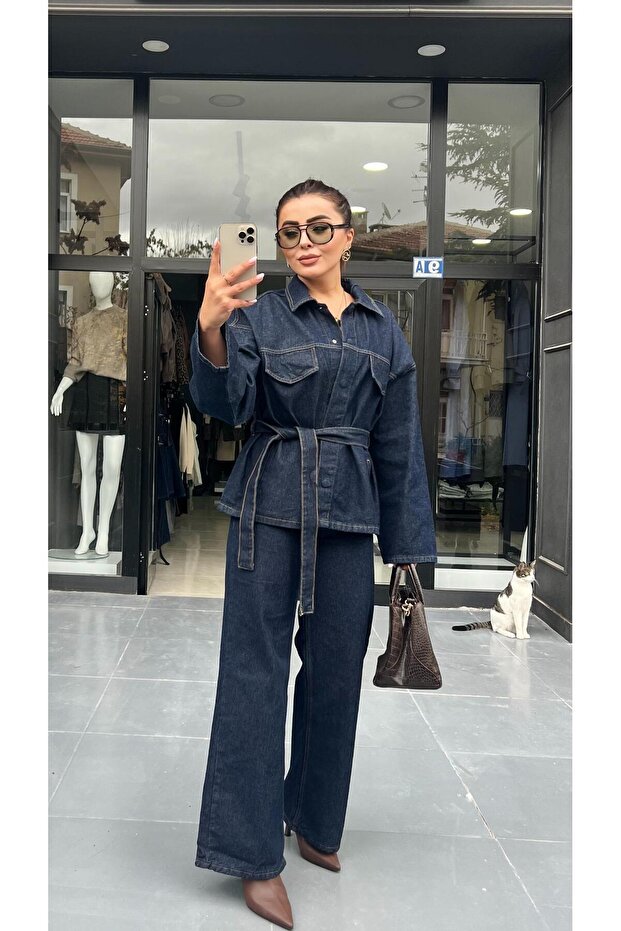 Brand Model Waist Tie Denim Suit