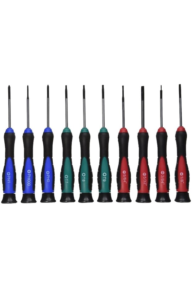 طقم مفكات دقيقة من 10 قطع بمقابض ناعمة الملمس، مفكات مسطحة 3/64 "-5/32" وفيليبس # 000/ # 0/ # أدوات 1 و Star T7/T8/T9 للإلكترونيات والنظارات وإصلاح الأجهزة الخاصة بالهوايات