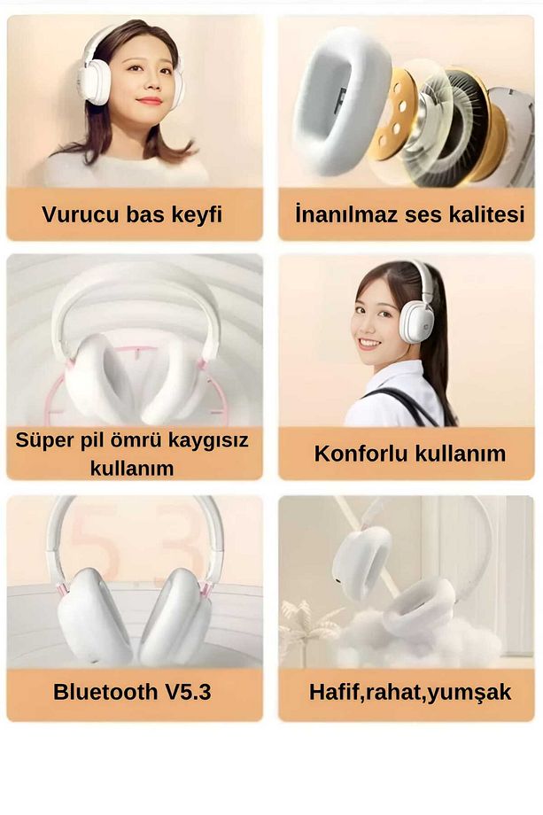 H231r Kablosuz Kulak Üstü Bluetooth Kulaklık Mikrofonlu V5.3 Beyaz - 7