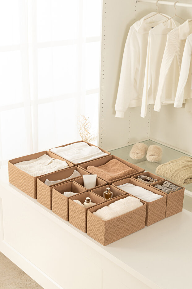 Set of 12 Herringbone Beige Children's Room Closet Laundry Drawer Organizer Storage Box Organizer