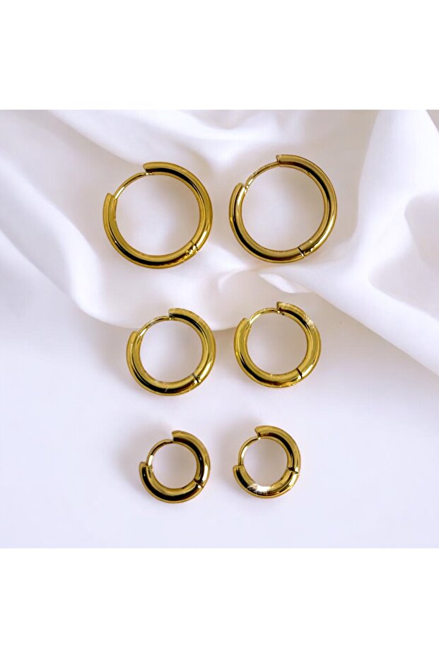 Halka Model Çoklu Kararmaz Üç Çift Çelik Küpe Set - 1