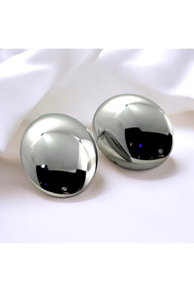 Oval Gümüş Renk Çelik Küpe - 1