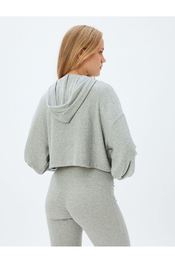Kapüşonlu Crop Pijama Üstü Uzun Kollu Rahat Kalıp - 4